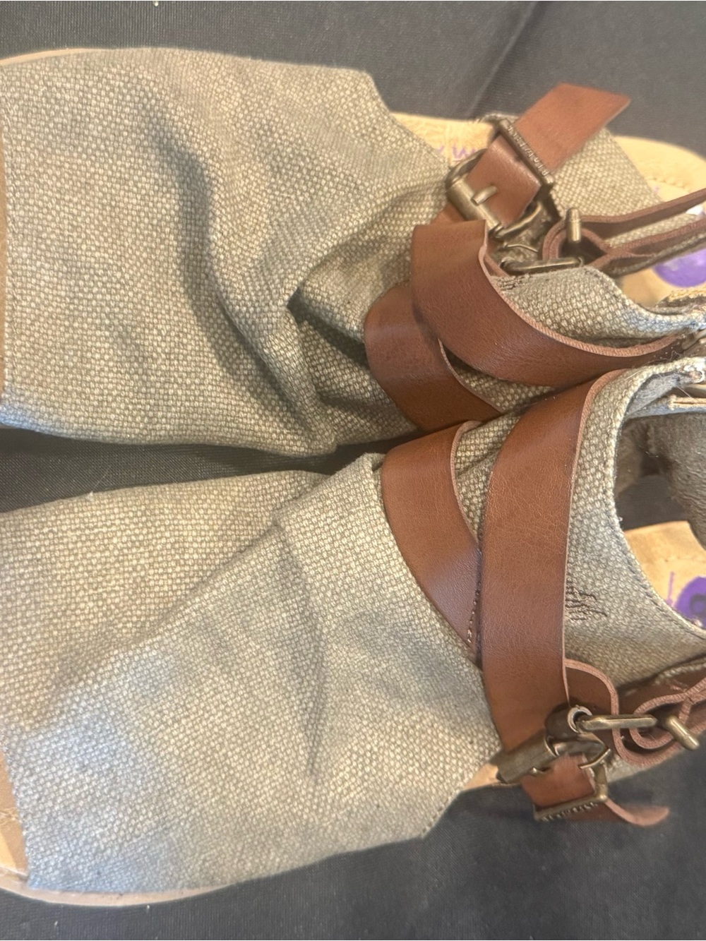 Blowfish Taupe Canvas Wedge Sandals with Brown Leather Straps